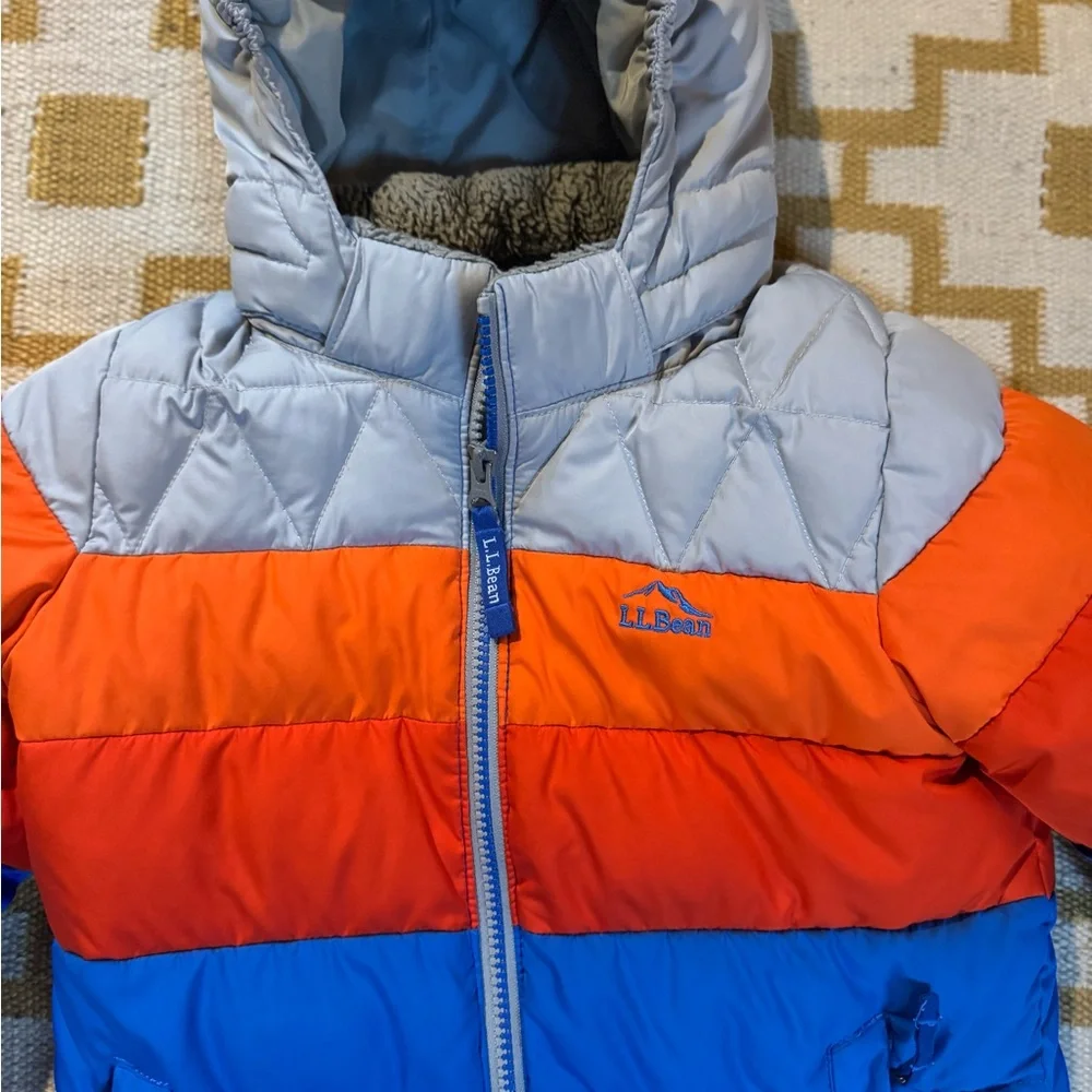 L.L. Bean Lined Down Puffer Colorblock Jacket - Gray, Blue, Orange - Picture 1 of 5